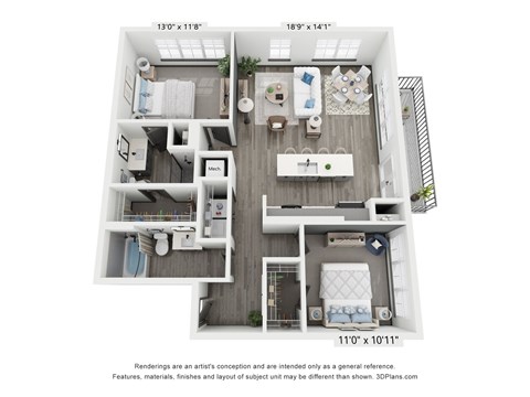 Floor plan for 2 beds, 2 baths, 1117 sqft